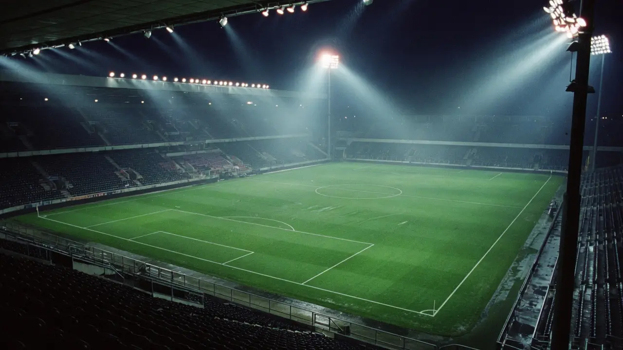 Stadio di calcio vuoto di notte, campo illuminato dai riflettori
